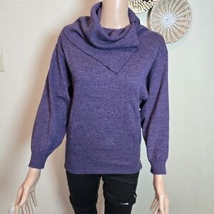 TWEEDS Sweater Small Merino Wool Shirred Turtleneck 3/4 Sleeve Pullover Purple